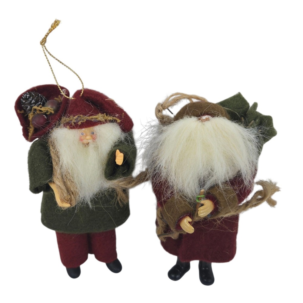 2 Vtg 5" Old World Woodland Santa Christmas Ornament Figures Painted Faces